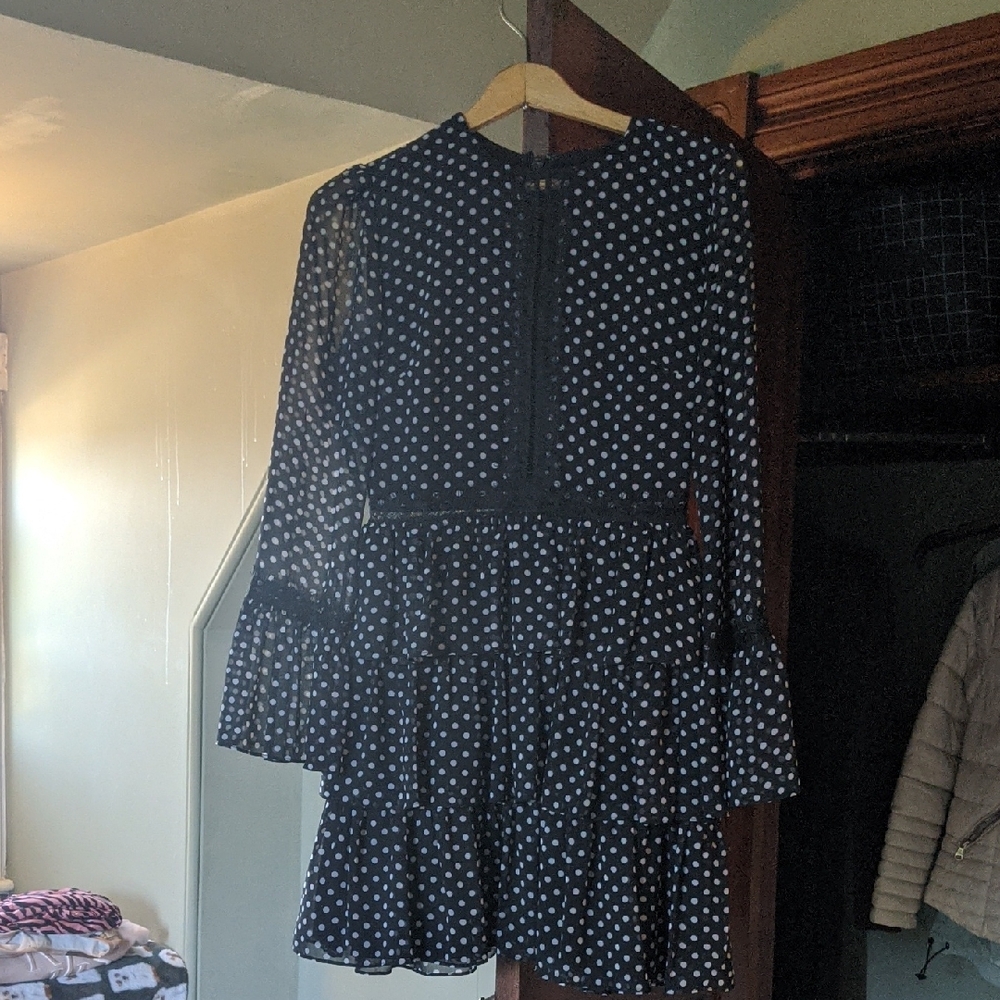 Petite Feminine Bebe Black and White Polka Dot Long Sleeve Dress Preppy Style